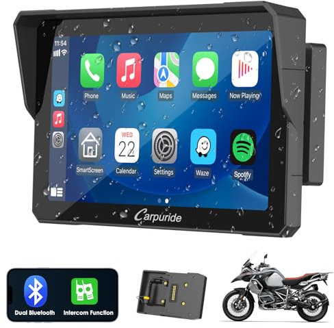 Carpuride W702B Pro Motocicleta Carplay Pantalla con Soporte para BMW Moto, Inalámbrico CarPlay y Android Auto, 7” Impermeable Táctil Pantalla, Dual Bluetooth, Intercomunicador Función, Navegación.