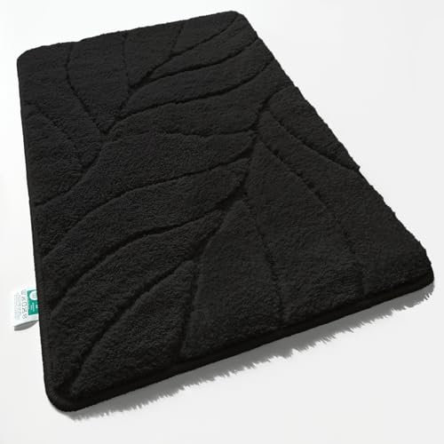 Floordirekt Badteppich - extra flauschig & schnelltrocknend - Badezimmerteppich mit rutschhemmender Rückseite - Badematte Duschvorleger (Maris) (Schwarz, 60 x 120 cm)