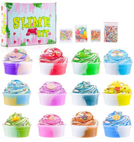 Aischens 12 Stück Butter Slime Set, Fluffy Butter Schleim 12pcs×50ml, Slime & Putty Spielzeuge, DIY Schleim Kinder Spielzeug, Zweifarbige Butter Schleim mit Zubehör, Cloud Wolkenschleim für Kinder