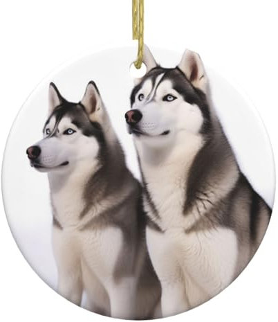 Husky Dogs Weihnachtsschmuck, Weihnachtsbaum, Keramik, hängende Ornamente mit goldfarbenem Band, 7,4 cm, Feiertagsdekoration, Basteln, doppelseitig, hängende Porzellan-Anhänger für Party, Weihnachten