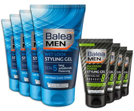 Balea MEN 8er Set: 4 x Haargel Maximum Power Styling Reisegröße, 4 x 30 ml Sehr Starker Halt 4 x Haargel Wet Look, 150 ml, Langanhaltende Fixierung