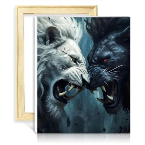 TANGFEIY Peinture par numéro combat lion noir et blanc Kits peinture à l'huile numérique à faire soi-même sur toile avec pinceaux et pigment acrylique Projet d'artisanat avec cadre (40x50cm)