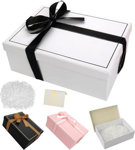 Geschenkbox Geschenkbox mit Deckel 25 x 18 x 8,5 cm, Rechteckige Geschenkverpackung Geburtstag mit Schleife Geschenkkarton mit Deckel für Hochzeit Geburtstag Weihnachten (Weiß)