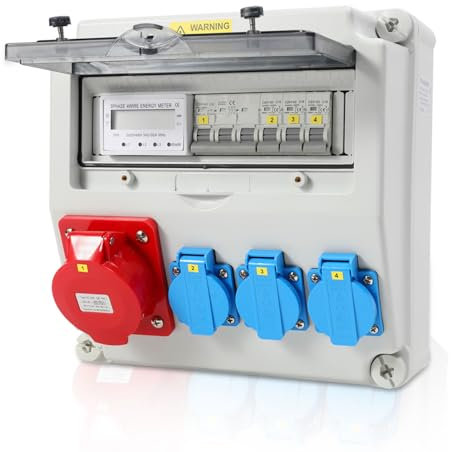 Gimisgu Wandverteiler Baustromverteiler CEE 1x32A 5P, 3x16A 230V Schuko Steckdosen, mit Leitungsschutzschalter und 3-Phasen Stromzähler, IP44 Wasserdicht, Vorverkabelt Stromverteiler