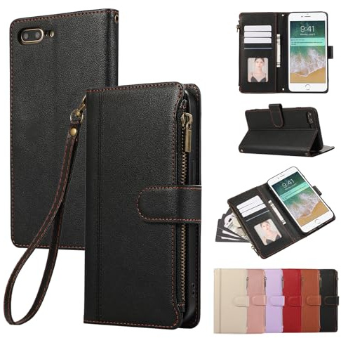Rosbtib Case for iPhone SE 2022/2020 iPhone 8/7 4.7 Inch Leather Case Zip Magnetic Closure Wallet Case with 4 Card Slots Stand Function Retro Cover iPhone SE/8/7, Black