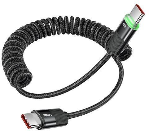 toocki Cable USB C en Espiral, 100 W, 1,2 m, Cabo USB C to USB C Carga Rápida con LED para Android Auto, Carplay, iPhone 16/15 Series, Galaxy S24 Ultra S23 FE S22 S21, Google Pixel, Xiaomi