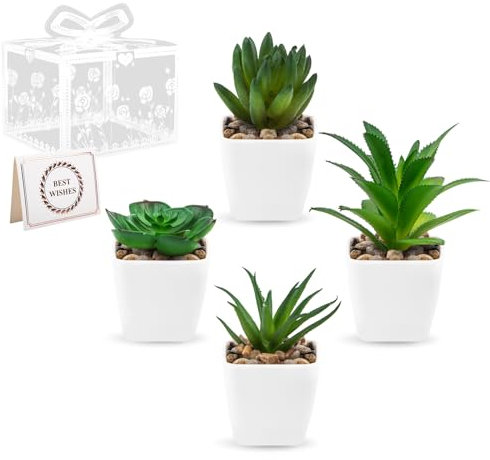 Woltoy 4 Piezas Plantas Artificiales Decorativas Pequeñas con Cajas De Regalo Y Tarjetas De Felicitación Planta Artificial Pequeña Plantas Artificiales Regalo De Cumpleaños para Bodas Navideñas