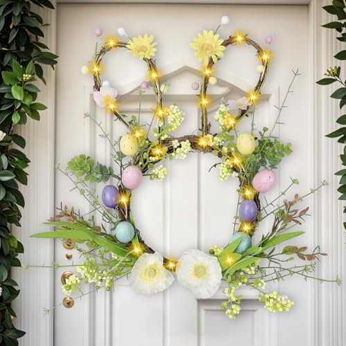 Osterkranz mit LED Licht, 40CM Türkranz Ostern Oster Kranz Haustür mit Eier Blumen Osterhase Deko Türkranz Frühling Osterdeko Hase zum Aufhängen Osterkranz Deko für Tür Wand Fenster (B)