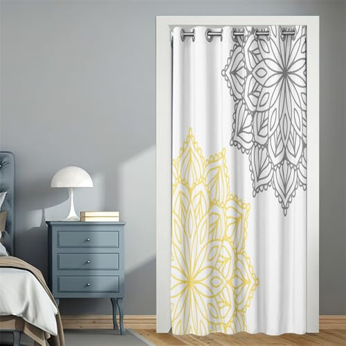 Surwin Door Curtains with Eyelet, Mandala Privacy Blackout Single Front Door Curtain Room Divider Window Decor for Hallway Party Kitchen Bedroom Living Room Doorway (Yellow,180x200cm)