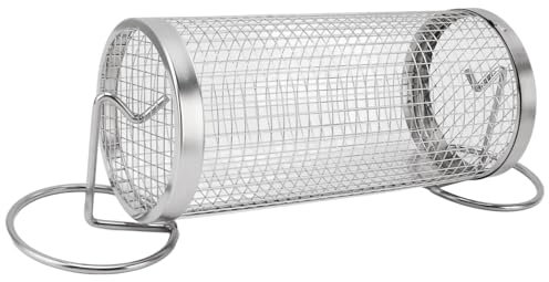 Stainless Steel BBQ Network Tube, Campfire Grill Basket with Fork Hook, Stainless Steel BBQ Mesh Hose with Bracket for Outdoor Grilling, Camping (Stainless steel)