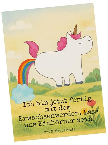 Mr. & Mrs. Panda Postkarte Einhorn Pupsen Design - Geschenk, Unicorn, Grußkarte, Ansichtskarte, Regenbogen, Freundin, Spaß, Glitzer, Fotokarte, bildkarte, Postkarten