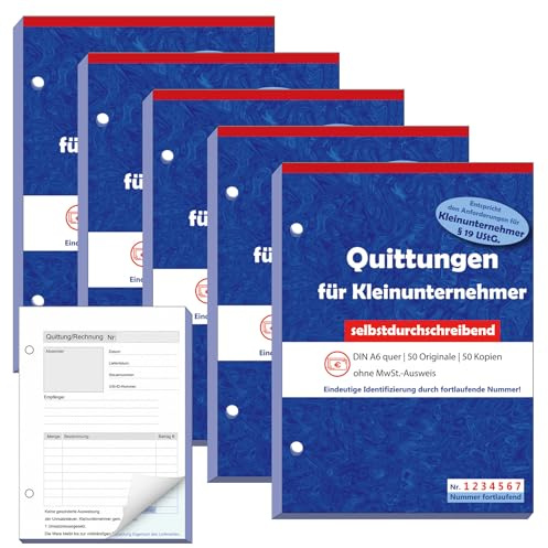 Nezyo A6 Quittungsblock mit Durchschlag Durchschreibende Quittungsblock für Kleinunternehmer 2 x 50 Blatt Gelocht für Kleinunternehmer Vereine Selbständige(5 Stück, Vertikal)