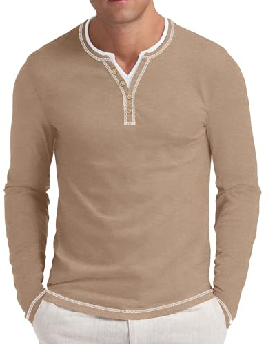 NITAGUT Mens Long Sleeve Shirts Front Placket Washed Soft Classic T-Shirts | Mens Henley Shirts Lightweight Front Placket Color Blocking Line Casual Classic Tees for Man Basic Daily Comfy Working