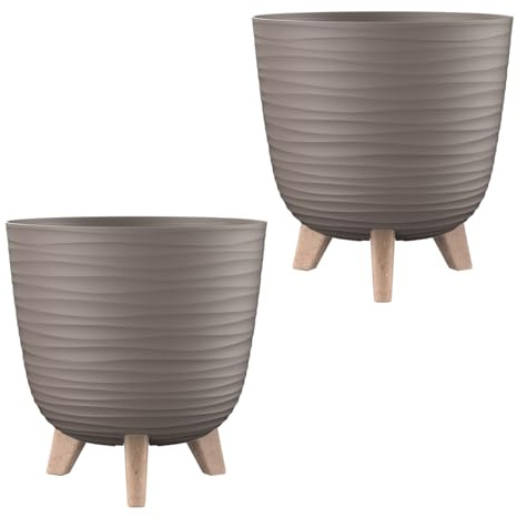 Engelland - 2 x Blumentopf mit Füßen & Bewässerungssystem, Braun, Ø 20 cm, Pflanzkübel, Übertopf, Wellenmuster, Innen- & Außenbereich, Drainagesystem & Wasserspeicher, rund, Kunststoff