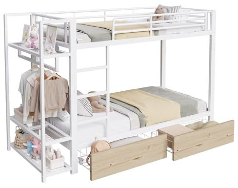 SOFTWEARY Etagenbett mit Schubladen, Leiter, Regal, RGB LED-Streifen, Kleiderstange, Lattenrost, Rausfallschutz, Kinderbett, Metallbett (weiß, 90x200 cm)