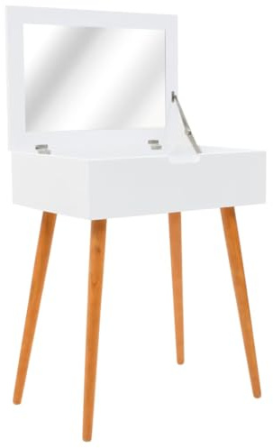 Kaorsrow Schminktisch mit Spiegel Weiß 60 x 40 x 75 cm Modernes MDF Dressing Table mit Klappdeckel viel Stauraum & Kiefernholzbeine für Schlafzimmer & Ankleidezimmer