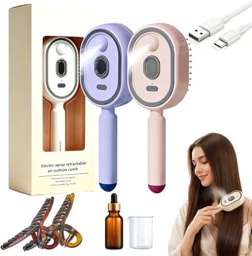 Electric Spray Air Cushion Massage Hair Comb, 2-in-1 Misting Detangling Brush ith Retractable Bristles & Water Spray, Wet/Dry Anti-Static Styler for Home Spa, Curly Straight Wavy (Purple&Pink,1)