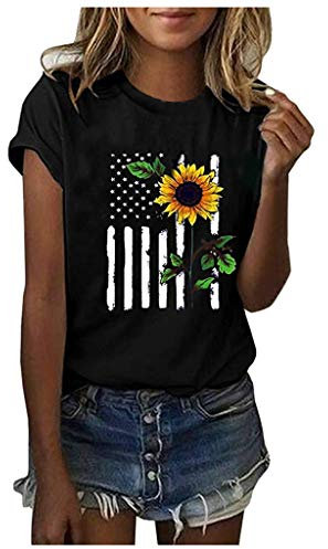 iHENGH Damen Top Bluse Bequem Lässig Mode T-Shirt Frühling Sommer Blusen Frauen Mädchen Plus Size Print Tees Shirt Kurzarm Tops(Schwarz, 2XL)