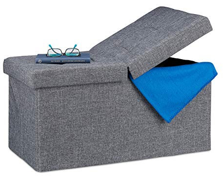 Relaxdays Sitzbank, mit Stauraum, faltbar, gepolstert, klappbarer Deckel, Flur, Schlafzimmer, Truhenbank, dunkelgrau