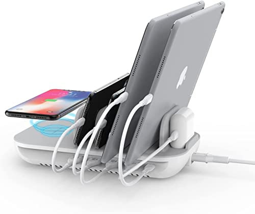 SooPii 70W Ladestation für mehrere Geräte, 5 Port Ladestation mit 15W Wireless ladestation, 25W USB C PD/PPS Schnellladung für lPad, lPhone 16/15/Pro/Pro Max/Galaxy, 5pcs gemischte Ladekabel enthalten