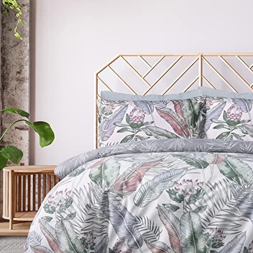 Sleepdown Bettwäsche-Set, 100% Reine Baumwolle, Blattmuster, Blumenmuster, Mehrfarbig, wendbar, weich, pflegeleicht, Kingsize-Bett, 230 x 200 cm, Grau