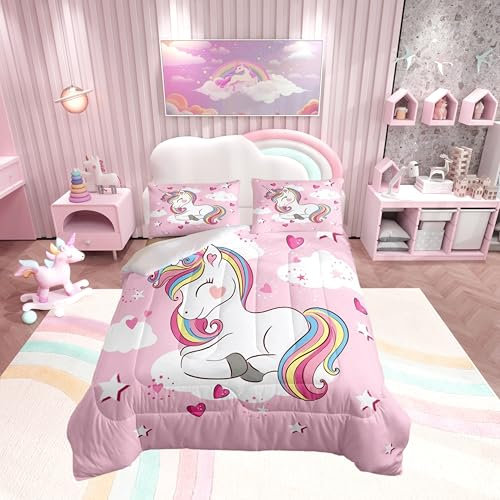 Loussiesd Juego de edredón de unicornio para niños y niñas, juego de ropa de cama con corazón rosa, regalo de unicornio, edredón acolchado de plumón tamaño individual