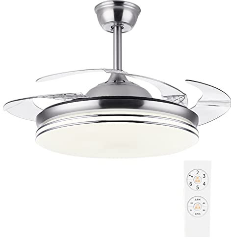 Modern Ceiling Fan with Light 4 Retractable Blades Led Ceiling Fans 3 Colors 6 Speeds Chandelier with Remote Control, 8h Timing, can Be Reversed, Silent Motor for Living Room, Bedroom, Dining Room