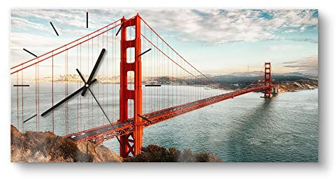 DEQORI Glasuhr | vertikal 60x30 cm | Motiv Golden Gate Bridge | große XXL Design Uhr aus Glas | leise Wanduhr für Wohnzimmer & Küche | moderne Hingucker Uhr für die Wand