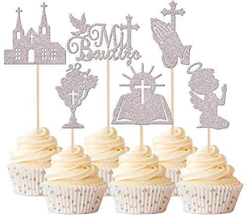 Xsstarmi 24 Pack Mi Bautizo God Bless Cupcake Toppers Dove Church Cross Cupcake Picks Christian Boy Baptism Cake Decorations for Religious God Bless Baby Shower Kids Birthday Party Supplies Silver