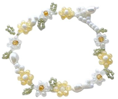Ichlovdu Damen Perlen Armband Gänseblümchen Kleine Gelbe Blüten Blumen Böhmische Süßwasserperle Armbänder für Frauen und Mädchen