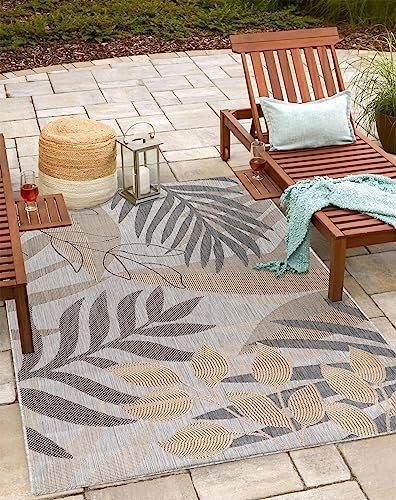 Teppium Outdoor Teppich Wetterfest 300x400 (280 x 370 cm) Beige Sisal Optik - Küchenteppich Waschbar, Wasserfest, Palmen Design, Pflegeleicht - Ideal für Balkon, Terassen, Garten, Camping oder Küche