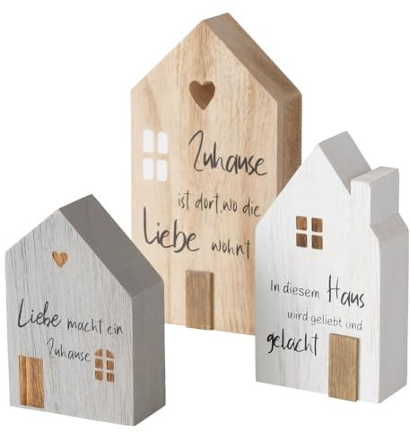 BOLTZE Mein Haus Natur - Figura decorativa (3 unidades), diseño de casetas de madera, color gris y blanco