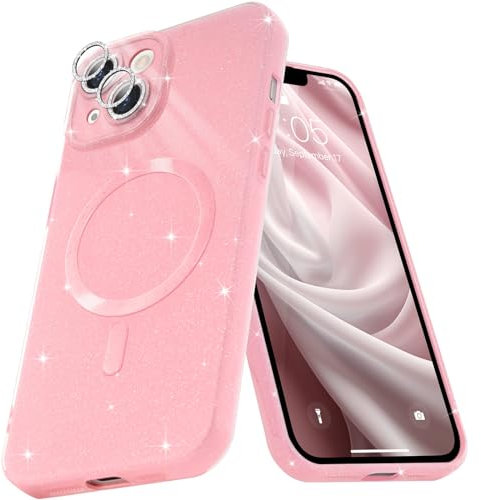 Micoden for iPhone 15 Case [Compatible with Magsafe] Magnetic Phone Case Glitter Bling Sparkle Women Girl Shockproof with Camera Protector for iPhone 15,Pink