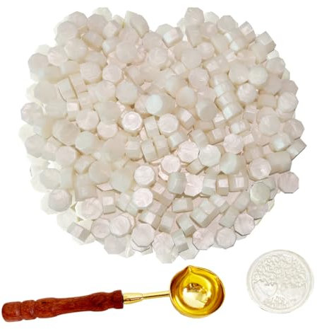 BJOYEE 200 Stück Siegelwachs, Siegelwachs Perlen mit 1 Schmelzlöffel, achteckiges Wachssiegel-Set für Stempel, für Einladungen/Umschläge/Karten/Weinpakete/Geschenkverpackungen (Weiß)