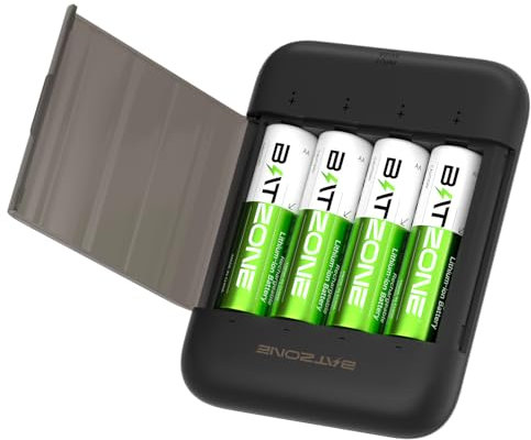 BATZONE 4PCS 1,5V 2500mWh AA Lithium Batterie Ricaricabili con Caricabatterie 4 Slot (Nessun Cavo di Ricarica)