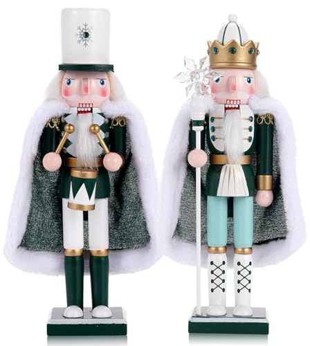 Tpudn 2pcs 30cm Schneekönig Nussknacker mit Weißem Samtumhang – Elegante Handbemalte Weihnachtsfigur aus Holz – Edle Winter-Dekoration für Kaminsims, Sideboard oder als Sammlerstück