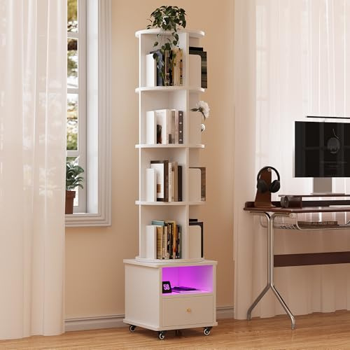 Ztexkee Libreria girevole a 4 ripiani, Scaffale girevole a 360° Libreria mobile con 4 ruote Scaffale con 1 cassetto e 1 vano contenitore per soggiorno, camera da letto, studio, ufficio, bianco