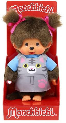 BANDAI - Monchhichi - Plüschtier Monchhichi Latzhose Katzenmotiv - Ikonisches Affenkuscheltier der 80er Jahre, Superweiches Kuscheltier 20 cm für Kinder - Spielzeug für Kinder ab 2 Jahren - SE203895