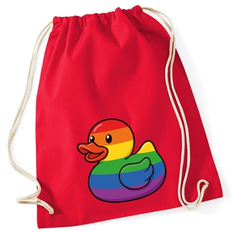Huuraa Turnbeutel Quietscheente LGBTQ Pride Comic Gummiente Geschenk | Sportbeutel 12 Liter Classic Red Baumwolle Roter Rucksack Geschenkidee Unisex Beutel mit Kordelzug Baumwollbeutel
