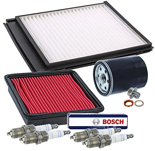 BESTPRICE Inspektionspaket Filterset mit 1x Luftfilter, 1x Innenraumfilter, 4x Zündkerze, 1x Ölablassschraube mit Dichtung Kompatibel mit NISSAN MICRA II (K11)