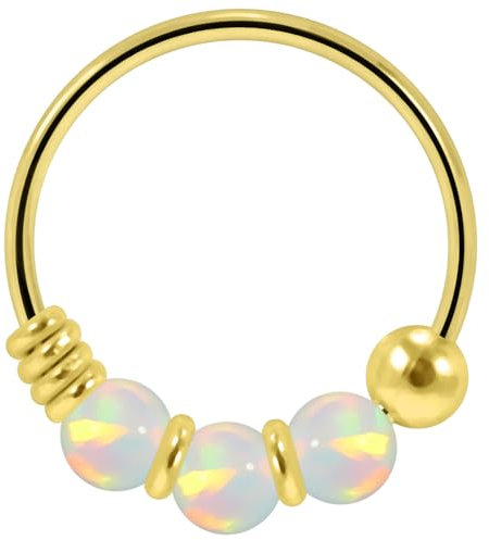Monster Piercing 9K Gelb Gold dreifach weisser Opal Perle 22 Gauge Hoop Nasenring Nase Piercing