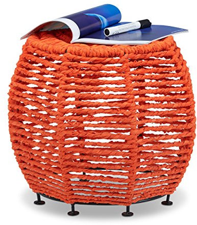 Relaxdays Strick Hocker Shabby Chic, Sitzhocker aus Metall u. Stoff, runder Pouf m. Beine HxBxT 35 x 42 x 42 cm, orange