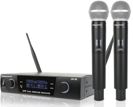 Sistema de micrófono inalámbrico profesional UHF dual para karaoke de hasta 200 pies, boda, conferencia, fiesta de noche, reunión, escenario (UK-38)