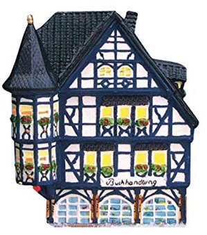 Buchhandlung in Linz am Rhein aus Porzellan – Windlicht Lichthaus Miniatur-Modell – B14 x T11 x H18 cm - Dekohaus Weihnachtsdorf Miniaturwelt Winterdeko Sammlerobjekt Weihnachtsdekoration