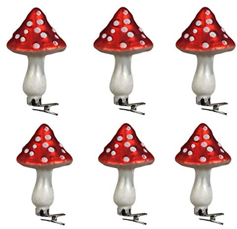 KnikGlass Pilz-Ornamente Clips, 6 Stück Personalisierte Weihnachtsglas-Ornamente mit Krokodilklemme für Weihnachtsbaum-Dekoration, Pilzförmige Weihnachtskugeln