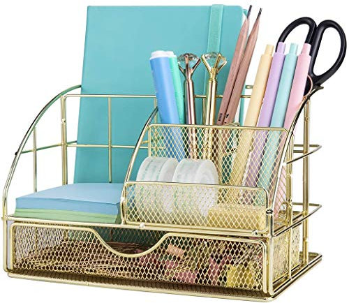 Asalinao Desk Organizer, Metal Office Organizer, Stifthalter, Dokumentenorganisator und Schublade, Mesh Office Supplies Zubehör für Büro, Schule und Zuhause (Gold)