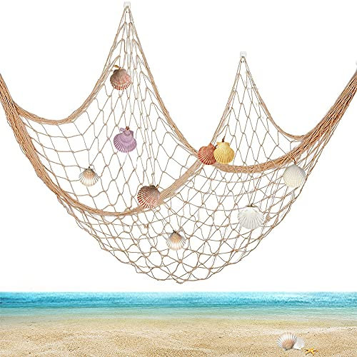 Fishing Net Wall Decor, Nautical Ornaments Decorative Fishing Net with Shells for Photo Hanging Display Ocean Party Beach Background Wall Hanging Decorations