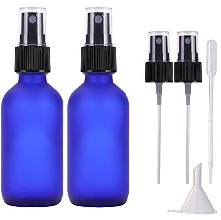 LIYUABU Botella de spray de vidrio vacías azul esmerilado de 60 ml, atomizador de niebla fina pequeña,reutilizable,botellas de aerosol de viaje para aceites esenciales,perfumes, limpieza (2 piezas)