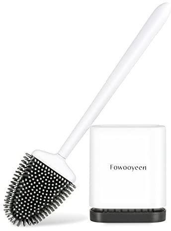 Fowooyeen Escobillas de Baño, Escobilla WC Silicona, Cepillo Toilet Plana de Mango Largo, Cepillo de Limpieza WC Curvo de Pie/Montado en la Pared - Blanco Mate