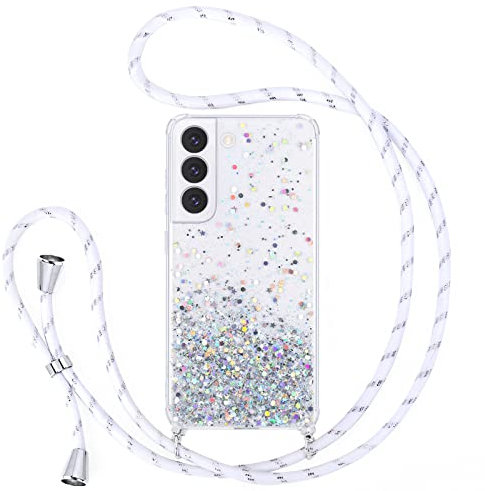 Pepmune Handyband Kompatibel mit Samsung Galaxy S22 Hülle mit Band Glitzer Transparent Case Kameraschutz Silikon Schutzhülle mit Kordel zum Umhängen Mädchen Handyhülle für Samsung S22
